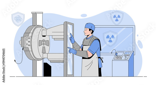 Radiologist Operating X-Ray Machine with Protective Gear, Medical Technology