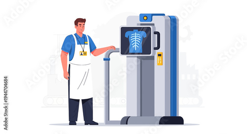 Radiologist Operating X-Ray Machine, Showing Skeletal System Scan on Screen