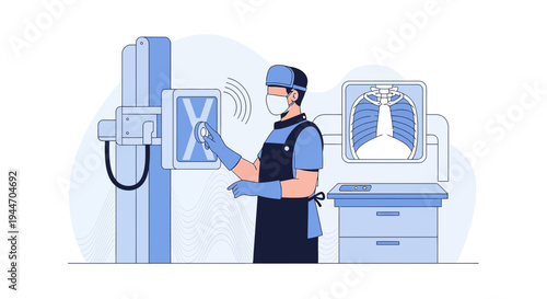 Radiologist operating X-ray machine, displaying chest X-ray on screen, medical technology concept