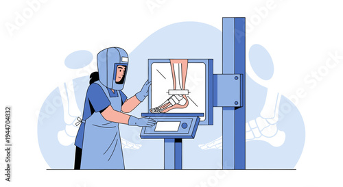 Radiologist performs foot X-ray scan, modern medical diagnostic equipment, healthcare concept