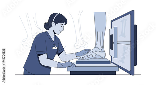 Radiologist positions patient's foot for X-ray imaging in a medical clinic