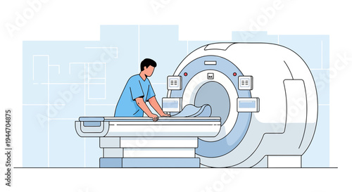 Radiologist preparing patient for MRI scan in modern medical imaging clinic
