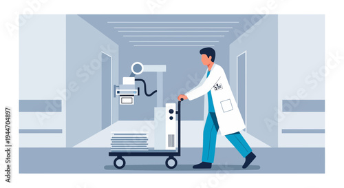 Radiologist pushing portable X-ray machine down hospital hallway for patient examination