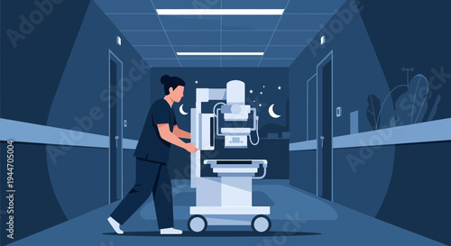 Radiology Nurse Pushing Portable X-Ray Machine Down Hospital Hallway at Night