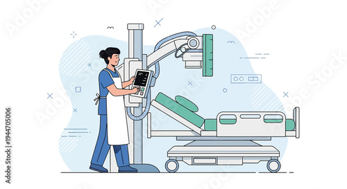 Radiology Nurse Operating X-Ray Machine Next to Patient Bed in Hospital Room