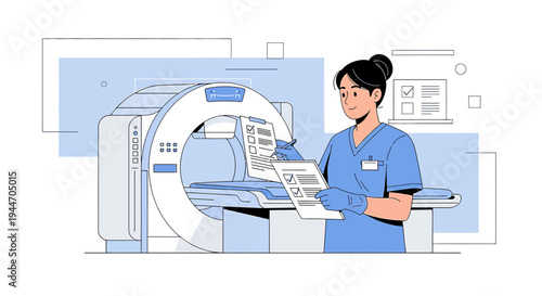 Radiology Nurse Reviews Patient Chart Next to CT Scanner in Modern Medical Clinic