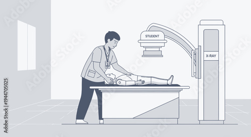 Radiology Student Performing X-Ray on Patient Lying on Table in Medical Room