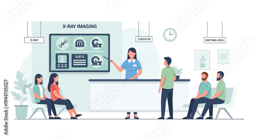 Radiology Reception: Patients Wait as Doctor Explains X-Ray Imaging Options