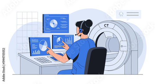 Radiology Technician Monitoring CT Scan Data on Computer Screens in Medical Lab