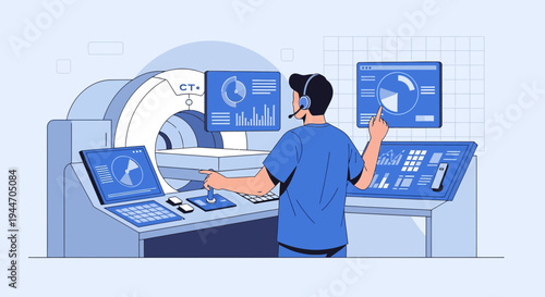 Radiology Technician Operating CT Scanner with Data Analysis Displays