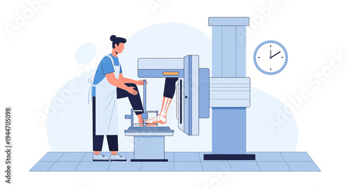 Radiology Technician Performing Leg X-ray Scan in Modern Clinic