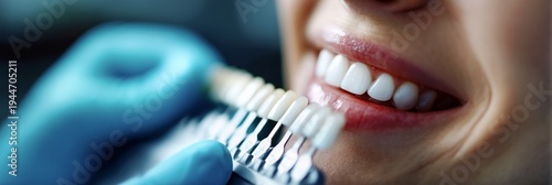 Dentist in blue gloves comparing tooth shade guide to female patient smile