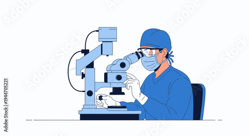 Scientist in Blue Scrubs and Mask Examines Sample Under Microscope in Laboratory