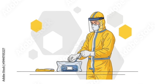 Scientist in Hazmat Suit Conducting Medical Test with Equipment