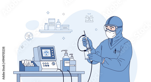 Scientist in Hazmat Suit with Syringe and Medical Equipment, Lab Research