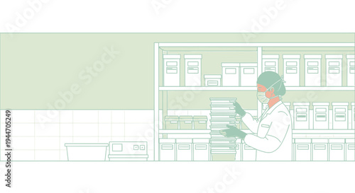Scientist in Lab Coat and Mask Organizing Medical Samples in Storage Shelves