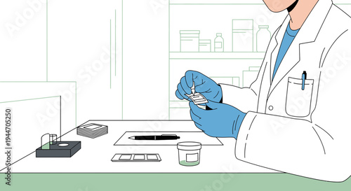 Scientist in Lab Coat Examining Medical Slides with Equipment in Background