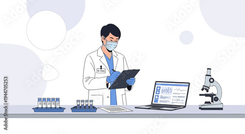 Scientist in Lab Coat Analyzing Data with Microscope and Test Tubes