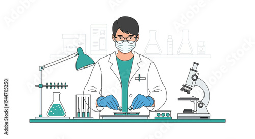 Scientist in Lab Coat Working with Microscope and Flasks, Research and Development