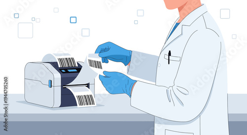 Scientist in Lab Coat Printing Barcodes for Medical Samples