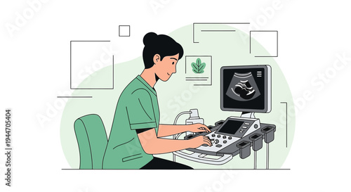 Sonographer operating ultrasound machine showing fetal development on screen