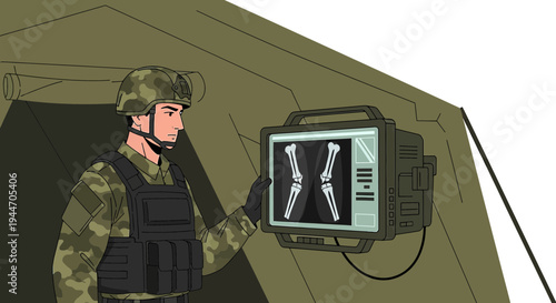 Soldier examines X-ray of knees in military medical tent, advanced field diagnostics