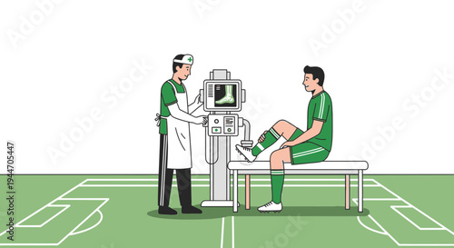 Sports Medicine: Doctor Examines Soccer Player's Injured Foot with X-Ray Machine on Field