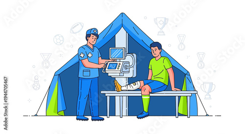 Sports Medicine Doctor Examining Athlete's Injured Leg with Ultrasound in Tent