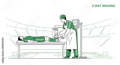 Sports Medicine X-Ray Imaging: Athlete Undergoing Leg Scan in Stadium Clinic