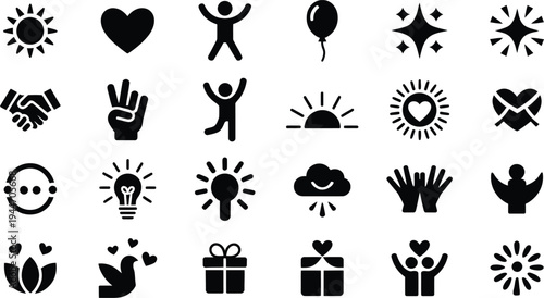 Set of 25 black silhouette vector icons featuring celebration, success, love, and positive concepts for web design and marketing materials