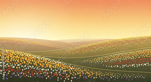 Vibrant sunset over rolling hills covered in colorful flowers on transparent background