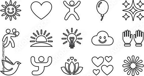Set of 15 Outline Happiness and Positive Emotion Vector Icons for Web Design, UI, and Marketing Materials, Featuring Sun, Heart, Cloud, and Celebration Symbols
