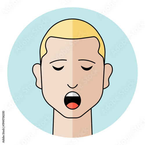 Men flat avatar icon representing fatigue, boredom, burnout, or lack of sleep. Isolated head of a male character with blond hair on a round background.