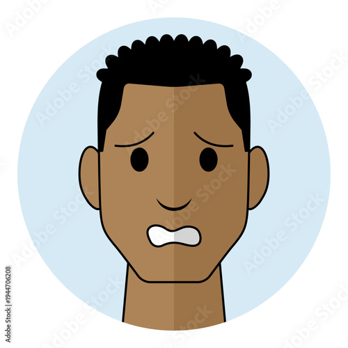 Black man face avatar with anxious eyes and worried mouth expression in flat style. Male character portrait for confused emotion, fear, security risk, and nervous support icon.