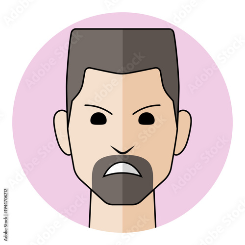 Angry man avatar portrait icon with frustrated face and frowning mouth expression in flat style. Male character portrait with goatee beard for mad emotion, bad mood.