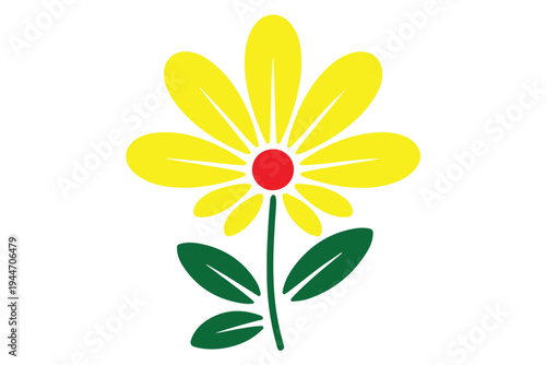 Colorful daisy illustration with yellow petals red center and green stem including multiple leaves for vibrant spring garden graphics and friendly nature designs on transparent background art