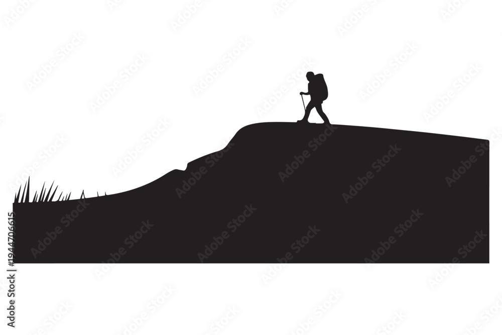 Fototapeta premium Lone hiker with backpack and walking stick ascends a steep mountain trail, silhouetted against a dramatic natural landscape, symbolizing adventure and determination