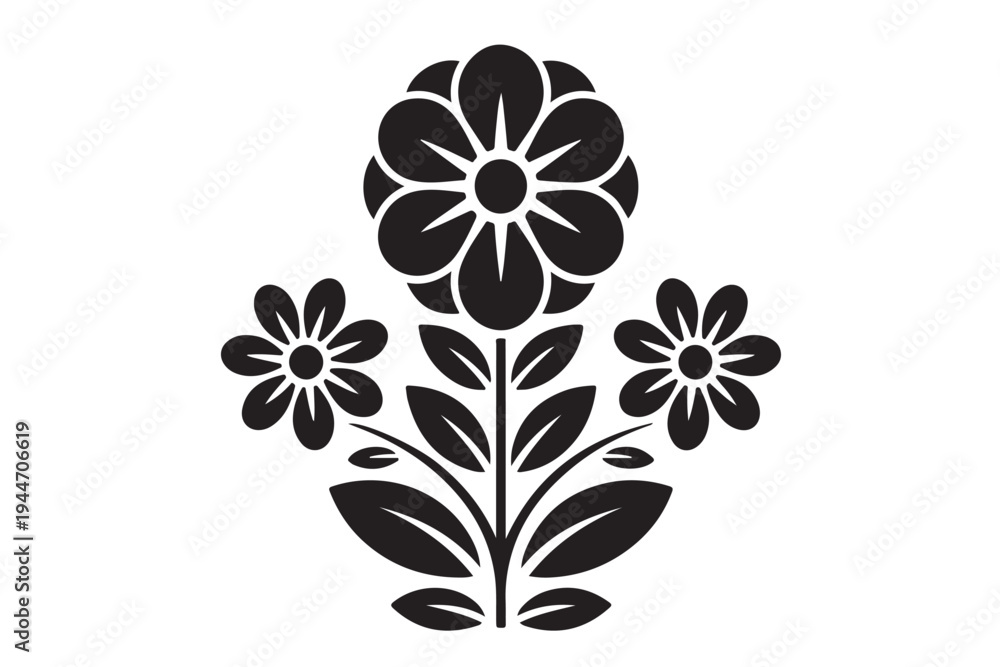 Fototapeta premium Minimalist black floral silhouette with symmetrical flowers and leaves for decorative patterns and organic branding designs isolated on transparent background for simple and elegant graphics