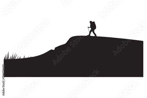 Lone hiker with backpack and walking stick ascends a steep mountain trail, silhouetted against a dramatic natural landscape, symbolizing adventure and determination