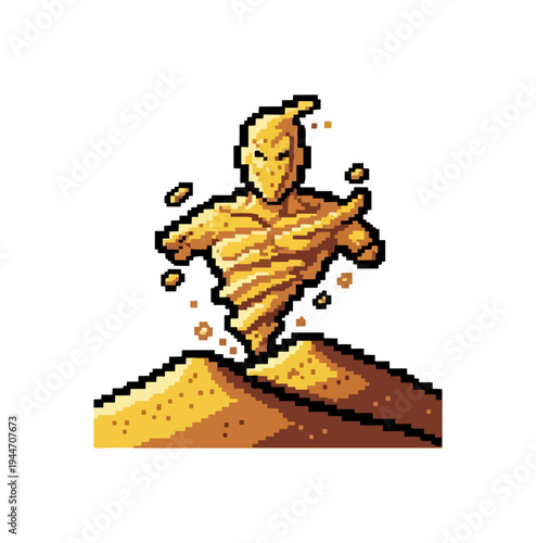 Abstract pixelated figure emerging from sand
