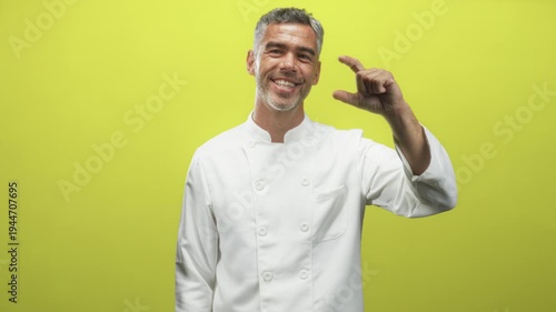 Man chef in white jacket holds fingers close to show small size while smiling in studio; confidence culinary skill.