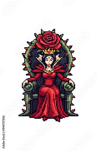 Pixel art queen with crown and red dress on thorns throne