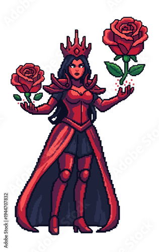 Pixel art queen with red roses and crown on black background