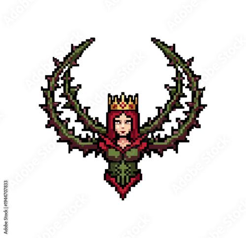 Pixel art queen with floral wings and crown illustration