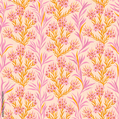 Pastel Floral Seamless Pattern: Pink Blossoms and Golden Branches