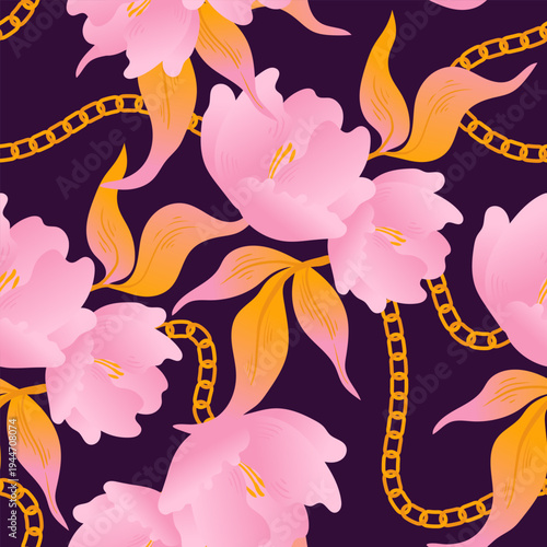 Luxury Floral Seamless Pattern with Gold Chains