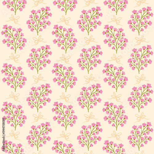 Delicate Pink Floral Seamless Pattern with Ribbons