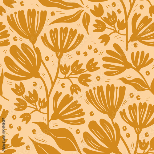 Mustard Floral Seamless Pattern in Botanical Style