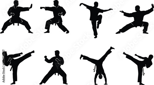 Martial Arts Silhouette Set Karate Kung Fu Taekwondo Capoeira Vector