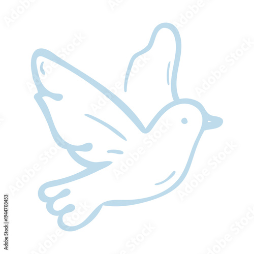 Hand drawn dove of peace icon, minimalist light blue bird sketch.